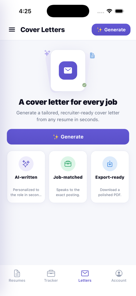 Generate tailored cover letters in the ResumesKey app