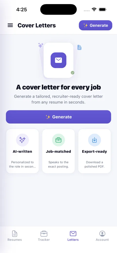 Generate tailored cover letters in the ResumesKey app